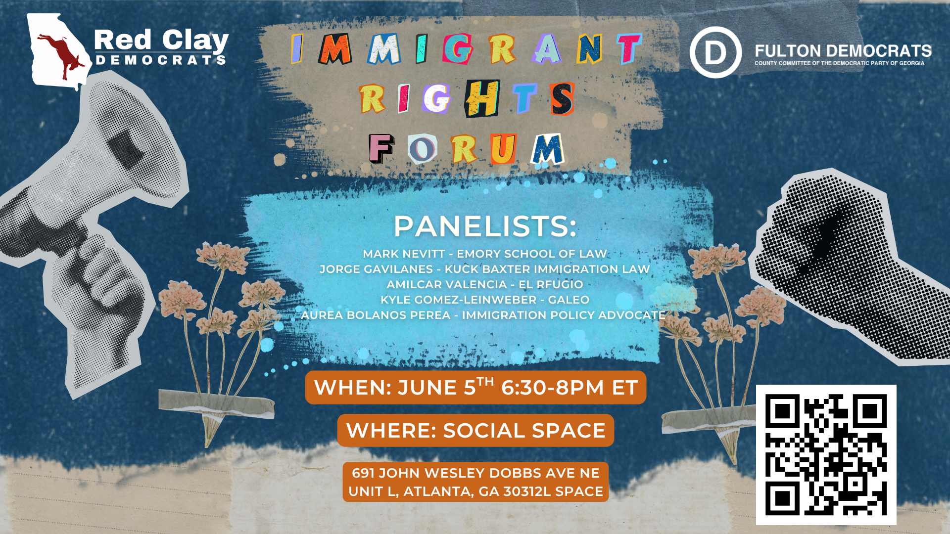 Red Immigration Panel Flyer with Speaker names and dates.